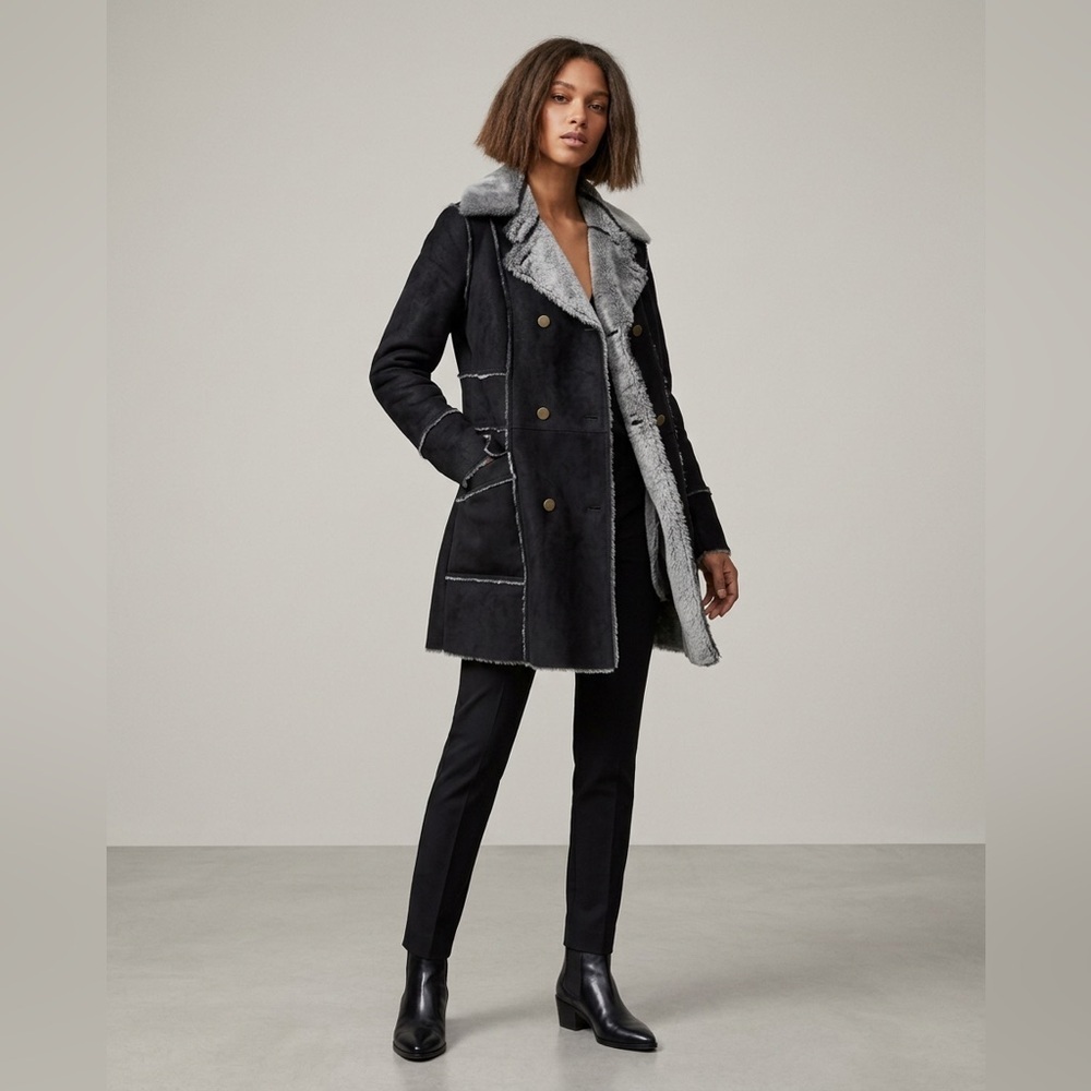 Trend b.p.c. Black Faux Fur Shearling Lined Coat Jacket L Gray Trim Long Winter
